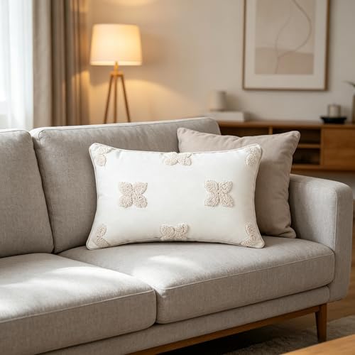 Beautiful Embroidery Four-Leaf Flower Throw Pillowcase Soft Woven Cotton Canvas Accent Pillow 12x20 Inch Tufted Clover Decorative Pillowcase with Cross Stitch for Preppy Stuff Room 1PCS (Cream Beige)
