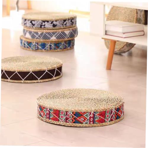 SUPVOX Woven Floor Pillow Meditation Cushion Handmade Indoor Seating Mat 30cm Diameter Bohemian Red Natural Grass Floor Cushion for Mindfulness Practice and Home Decor