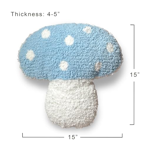 Mushroom Throw Pillow Tufted Decorative Cushion 15” x 15” – Decor for Bed, Couch, Living Room (Blue) - color: Blue