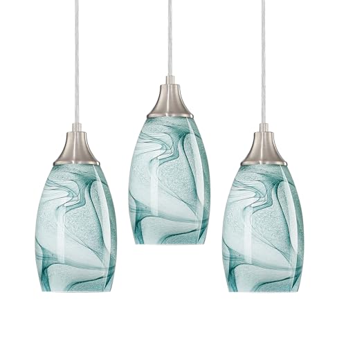 karyfine Mini Pendant Lights Kitchen Island Light Brown Glass Lamp Shade Hand Blown Glass Pendant Light with Brush Nickel Finish Adjustable Cord for Kitchen Over Sink (Green Marble-3Packs) - color: Green Marble-3Packs