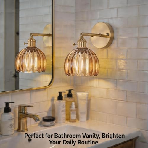 2 Pack Vintage Wall Sconces, Amber Tulip Glass Shade Wall Lamp with 2 Natural Light Bulbs, Hardwired Design with Rotary Switch, Decorative Light for Bedroom Hallway Living Room - color: Amber 2pcsTulip Wall Light