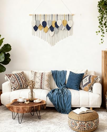 Tempospark Large Macrame Wall Hanging, 39" Wx29 L Boho Wall Hanging, Boho Chic Leaves Tassels Tapestry for Bedroom, Living Room, Dining Room, Nursery, Hallway, Balcony - color: Deep Ocean, size: 29"L x 39"W
