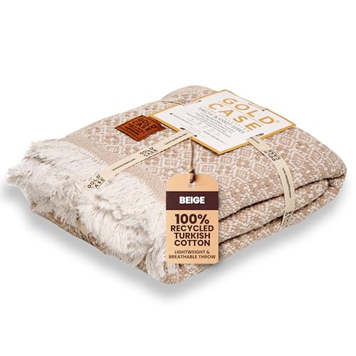 Gold Case Throw Blanket for Couch - 100% Recycled Turkish Cotton Blankets & Throws - Retro Soft Throw Blankets for Living Room - Boho Decorative Woven Couch Blanket - 50x60 - Beige - color: Retro Beige, size: 50x60"