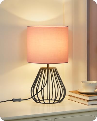Pink Table Lamp for Girls' Room, Modern Small Bedside Lamp with Pink Linen Lampshade & Black Metal Base, 2700K LED Bulb Included, Decorative Nightstand Lamp for Bedroom, Entryway, P06TL05 - color: Pink + Black