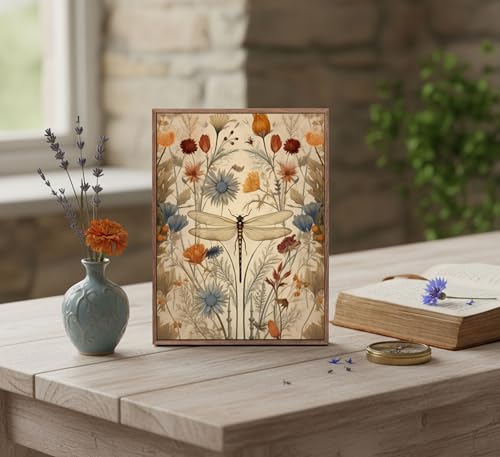 Framed Vintage Dragonfly Canvas Wall Art Picture Boho Natural Poster Prints Farmhouse Cottagecore Wall Decor for Living Room Bedroom 8x10in - color: Dragonfly, size: 10"L x 8"W