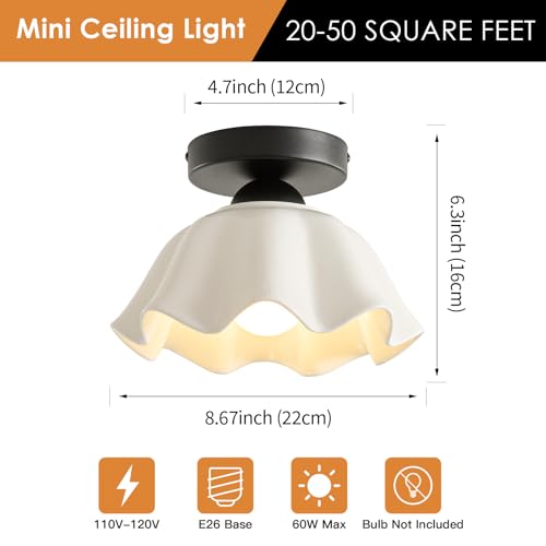2 Pack Semi Flush Mount Ceiling Light - Flower Glaze Ceramic, Black Vintage Hallway Light Fixtures, White Globe Ceiling Lights, Mid Century Small Light Fixture for Cottage Entryway Laundry Room Foyer - color: Glaze Flower Ceramic-Black