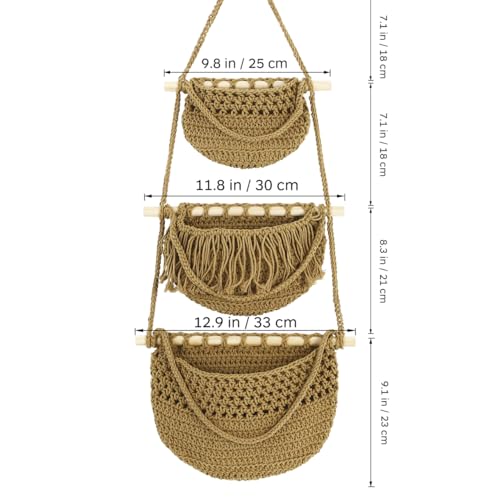 Cabilock 3 Tier Hanging Fruit Basket for Kitchen - Boho Macrame Woven Wall Storage for Onion and Potato, Space-Saving Cotton Rope Produce Organizer for Pantry & Bathroom