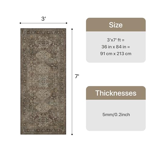 Bavni Washable Runner Rug 3x7, Non Slip Hallway Rug, Vintage Aesthetic Thin Low Pile Washable Carpet for Kitchen Bedroom Entryway, Brown - color: Brown, size: 3' x 7' (Rectangular)