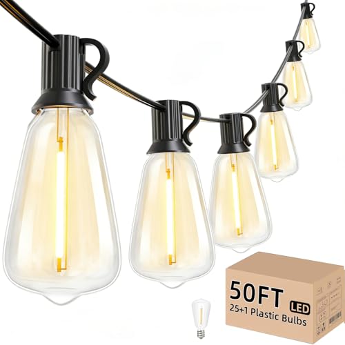 Svater 50 FT Outdoor String Lights, Patio Light with 26 ST38 Edison Bulbs | Outside Waterproof Hanging Lighting, Shatterproof, Connectable for Bistro Cafe Market Backyard Porch,Warm White, Dimmable - size: 50FT