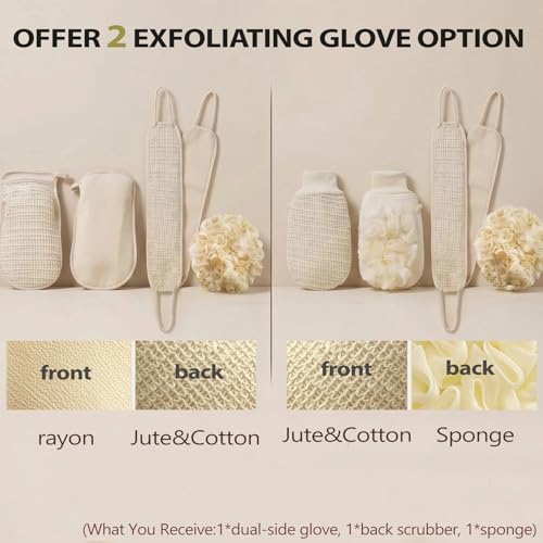 3 Pack Exfoliating Body Scrubber Set – Shower Gloves, Natural Back Scrubber Strap & Bath Pouf Sponge – Jute Cotton Blend Wash Mitt for Full Body Shower Routine & Daily Skin Care