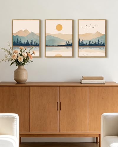 KUVIOKE Mountain Landscape Framed Wall Art Watercolor Nature Laker Painting Sun Rises Boho Farmhouse Rustic Home Decor 11x14in (Natural Framed) - color: Laker and Mountain, size: 11 x 14in x 3 Panels Natural