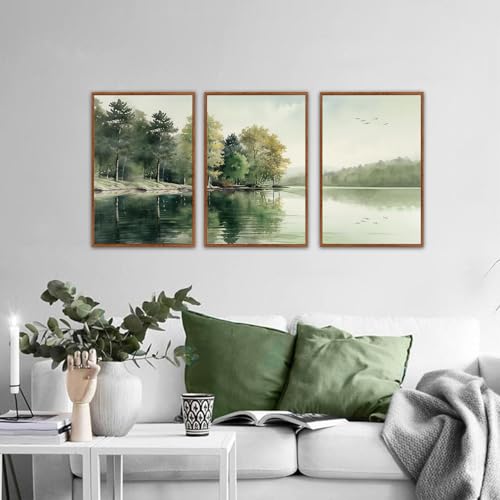 KAIRNE Framed Nature Canvas Wall Art Set,Misty Forest Wall Decor,Green Mountain Forest Pictures,Lake Water Painting set of 3(16”x24”),Landscape Scene Print for Living Room, Bedroom,Gallery Decor - color: Misty Forest(medium), size: 16"Lx24"W