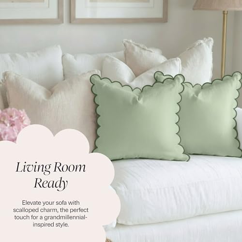 BEBE BASK Green Scalloped Pillow Cover - Set of 2-18 x 18 Inch - Scallop Pillow Cover - Scalloped Pillows - Scallop Pillows - 100% Cotton - Grandmillennial Style (Moss Green) - color: Moss Green/Green