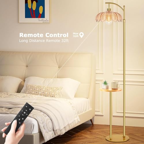 QIYIZM Gold Floor Lamp with Table and Shelves for Living Room Bedroom,Glass Standing Lamp with Remote Dimmable,Boho Brass Tall Lamp Vintage Farmhouse Arc Flower Floor Light Bohemian - size: 05-Floor Lamp