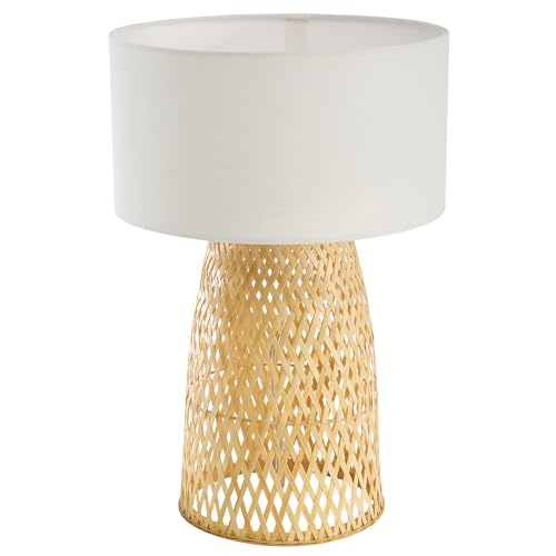 Boho Bamboo Table Lamp, Handwoven Bedside Lamp with Linen Shade, Small Natural Weave Nightstand Light for Living Room, Tea Room, Desk,White - color: White
