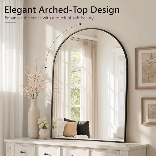 Arched Bathroom Mirror for Wall, 38" x 26" Black Metal Frame Vanity Mirror, HD Glass Over Sink for Bathroom, Entryway, Bedroom - color: Matte Black, size: 38"L x 26"W