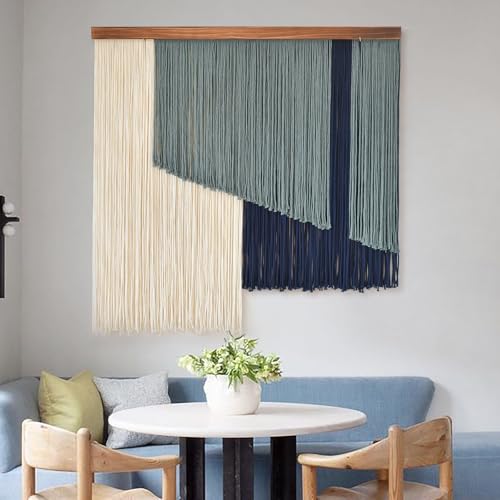 Jakalin Macrame Wall Hanging Boho Yarn Tassel Art Blue Modern Wall Décor for Living Room, Bedroom, Office,39" W x 39" L - color: Ivory and Blue
