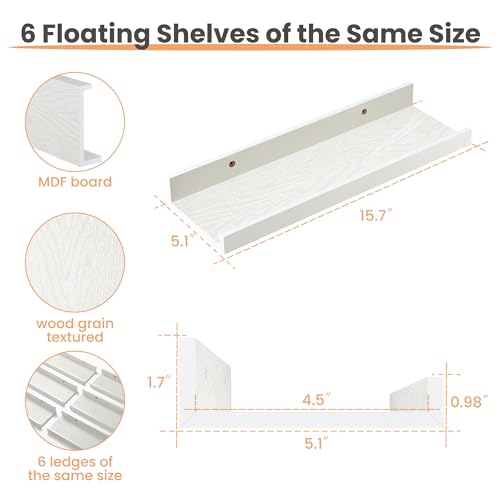 upsimples Floating Shelves for Wall, Wall Shelves for Decor Storage Set of 6, Wall Mounted Wood Shelf for Bedroom, Living Room, Bathroom, Kitchen, Picture Ledge Shelf, White - color: White, size: 15.7in