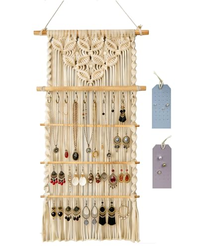 Macrame Jewelry Hanger, Hanging Jewelry Organizer,Boho Earring Holder Wall Mounted Necklace Holder, Tapestry Earrings Display, Bracelet Storage Minimalist Decor Tassel for Women Room (White) - color: White