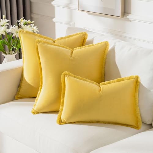 FUTEI Lemon Yellow Velvet Decorative Throw Pillow Covers 18x18 Set of 2,Soft Cozy Edge with Tassels Cushion Case,Boho Modern Home Decor for Couch Bed Living Room - color: Lemon Yellow, size: 18" x 18" (Pack of 2)