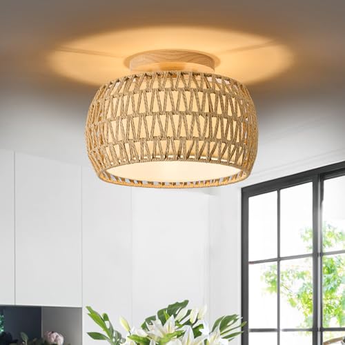 Boho Rattan Flush Mount Ceiling Lights 12 Inch Farmhouse Ceiling Light Fixtures Rustic Wicker Hand Woven Rope Cage for Dining Room Kitchen Bedroom Foyer Hallway Entryway - size: 12 Inch 1 Pack