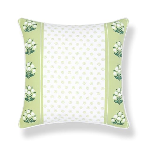 Hofdeco Premium Grandmillennial Coastal Hampton Patio Indoor Outdoor Throw Pillow Cover Only, 20"x20" Water Repellent for Backyard, Couch, Poolside, Grass Green Print Block Striped Lily of the Valley - color: Grass Green Block Print Striped Lily of the Va