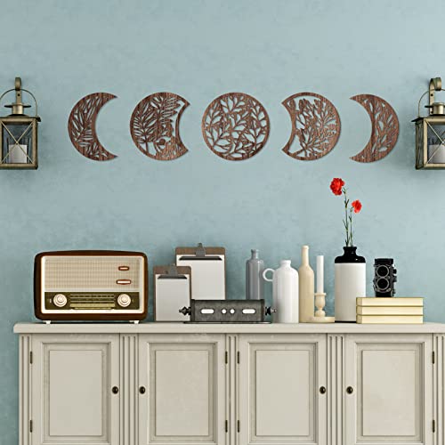Jetec 5 Pcs Moon Phase Wall Art Decor Wall Pediments Hanging Wooden Phase Spiritual Bedroom Nordic Boho Lunar Aesthetic Art for Living Room Dorm Apartment Ornament(Brown,10.6 Inch,Botanical) - color: Brown, size: 10.6 Inch