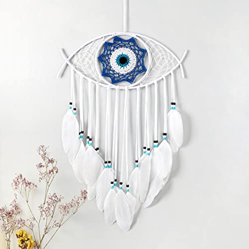 Dremisland Evil Eye Dream Catcher-White Dream Catchers Handmade Feather Evil Eye Wall Hanging Ornament Home Decoration for Bedroom Livingroom Yard, Blessing Craft Gift Bring Good Luck (Pure White) - color: Pure White