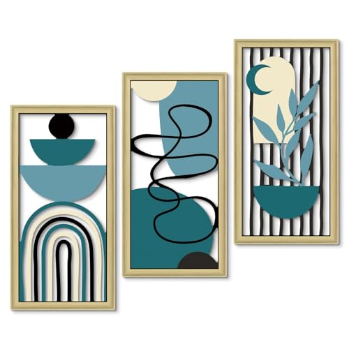 Putuo Decor Boho Wall Art Set of 3 Modern Minimalist Wooden Wall Decor Abstract Geometric Room Decorations Mid Century Artwork for Living Room Bedroom Office in Blue Tones 16.5 x 8.6 Inch - color: Blue Modern Linework