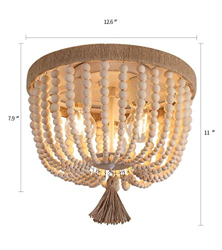 AMZASA Boho Flush Mount Ceiling Light Wooden Beaded Hepm Rope Oak Withe Farmhouse Beaded Chandelier Light Fixture 3 Lights for Nursery Bedroom Hallway Entryway - color: Hemp Rope