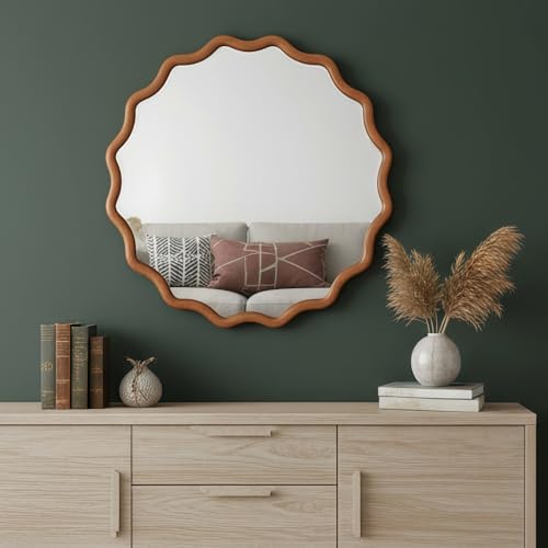 36" Wavy Round Wall Mirror with Solid Wood Frame, Country Irregular Decorative Mirror for Bathroom, Bedroom, Living Room & Entryway, HD Tempered Glass, No Distortion Vanity Mirror (Brown,36“) - color: Brown, size: 36"L x 36"W