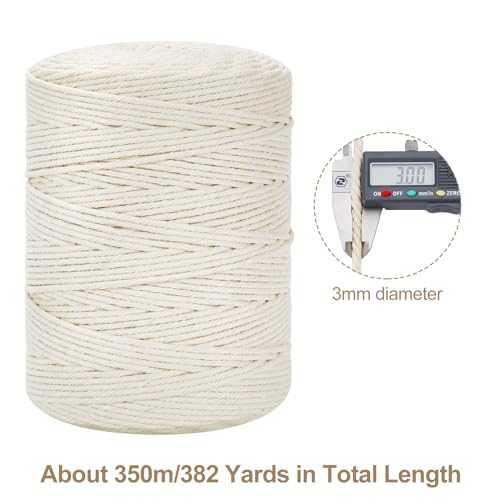 Macrame Cord 3mm x 380Yards (1140Feet), Natural Cotton Macrame Rope - 4 Strands Twisted Macrame Cotton Cord for Wall Hanging, Plant Hangers, Crafts, Gift Wrapping and Wedding Decorations, Beige - color: Beige, size: 0.12 in x 380 yd