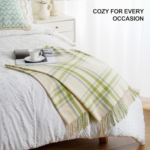 BATTILO HOME Spring Summer Plaid Throw Blanket for Couch Bed, Decorative White Green Stripe Blanket Throw Farmhouse Throw Blankets, Buffalo Checkered Plaid Blankets and Throws for Home Decor - color: White&green