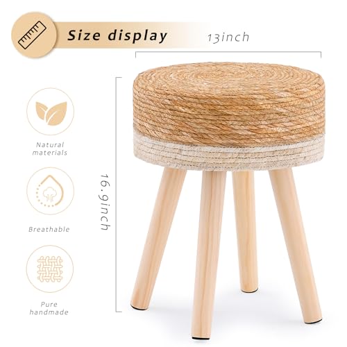 Handwoven Outdoor Ottoman, Water Hyacinth Pouf Round Patio Footstool with Wood Legs, 17-Inch Multipurpose Vanity Stool, Dining Chair, Patio Footrest for Balcony and Garden, White - color: White, size: 13"D x 13"W x 16.9"H
