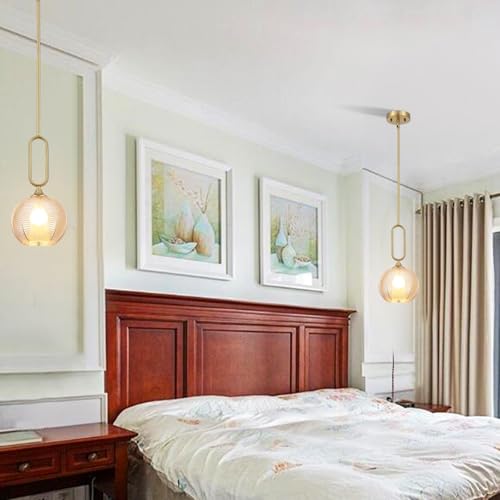 Amber Glass Pendant Light Set of 2 Modern Globe Pendant Lighting Nordic Ribbed Gold Ceiling Hanging Chandelier with Brushed Brass Adjustable Rods Dining Room Kitchen Island Light Fixture - color: Gold-Amber 2 Pack