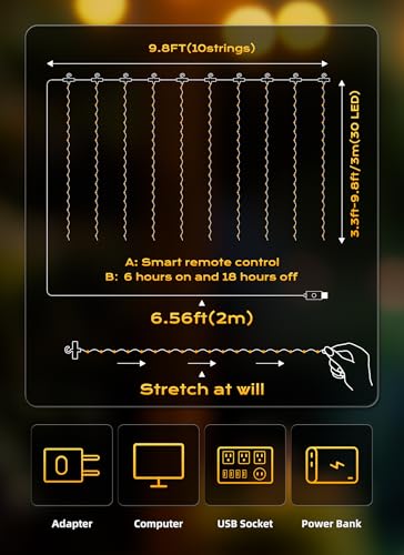 Brightown 300 LED Fairy Curtain Lights, 9.8ft x 9.8ft String Lights, USB Plug in 8 Lighting Modes Christmas String Hanging Lights with Remote for Bedroom Indoor Outdoor Party Xmas Warm White 2 Pack - color: Warm White, size: 2 Pack-300 LED-USB Plug