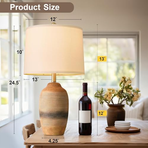 24.5" Handcrafted Ceramic Table Lamp with 5FT Cord, Single Farmhouse Vintage Rustic Bedside Lamp for Living Room Bedroom, Linen Shade Nightstand End Table Decor (Bulb Not Included)Earthy Yellow - color: 24.5" Earthy Yellow
