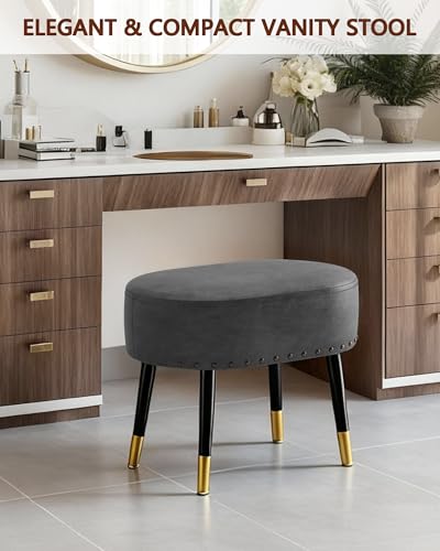 LITZFUR Vanity Stool Chair for Makeup, Pu Leather Oval Footrest, Vintage Rivet Ottoman Bench with Metal Legs, Dressing Stool for Batheroom, Living Room, Entryway, Grey - color: Grey