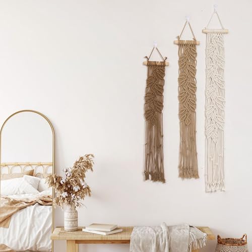 HVEST 3 Pcs Small Macrame Wall Hanging Boho Decor Handmade Woven Tapestry for Bedroom, Brown Macrame Wall Art for Living Room Nursery Apartment Office Home Decor - color: Brown Beige