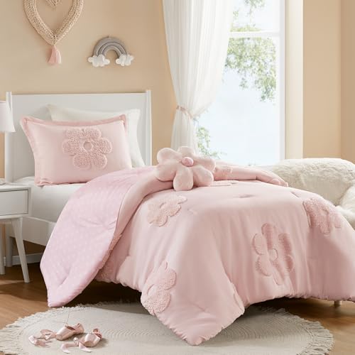 Intelligent Design Kids Twin Comforter Set for Girls, Tufted Chenille Floral Comforter Set Twin, Lightweight Polka Dot Comforter Reversible Bed Set, Sham, Pillow, Gracie, Twin Pink 3 Piece - color: Pink, size: Twin Comforter