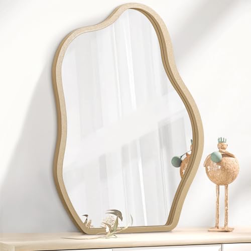 Irregular Mirror for Wall Gold Modern Asymmetrical Large Mirror Wooden Framed Hanging Wall Mirror Unique Shape Vanity Cloud Mirror Decor Decorative for Bedroom Bathroom Living Room Entryway - color: Bling Gold, size: 26"L x 18"W
