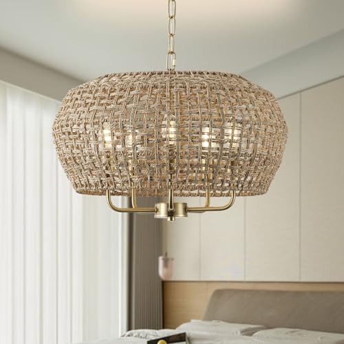20" Boho Rattan Chandelier for Dining Room,5-Light Hand-Woven Natural Rattan Ceiling Light Fixture with Adjustable Chain, E12 Sockets Dimmable Pendant Light for Kitchen Living Room Hotel(Gold) - color: Gold 5-Light 20" Round