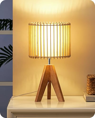 EDISHINE 14.17" Small Table Lamp, Wood Tripod Bedside Lamp, Natural Wood-Colored Hollow & White PVC Shade, E26 Base, Boho Nightstand Lamp for Bedroom, Living Room, Office, Study - style: Minimalist