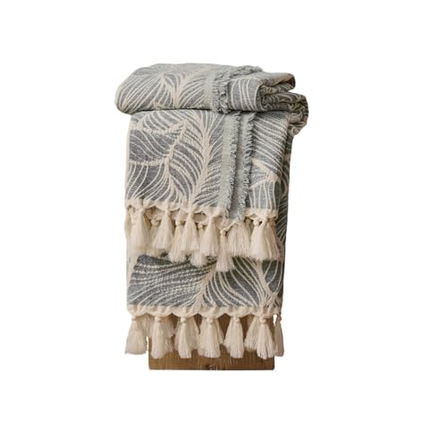 DOWN HOME Chenille Cotton Throw Blanket for Couch, Lightweight Boho Blanket for Bed Sofa Chair Living Room Outdoor Soft Woven Decorative Blanket with Tassel Gift Grey Leaves 50"x70" - color: Grey, size: 50"x70"