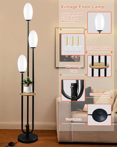 Black Dimmable Floor Lamp with Table, Unique Tall Standing Lamps with 3000K G9 Bulbs for Reading, Mid Century Modern Floor Lamp with 5Lbs Heavy Base for Living Room Bedroom Office - color: 3 Cylinder-Black