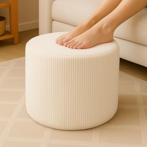 Corduroy White Ottoman Foot Rest Stool – Textured Boucle Corduroy Fabric Footstool with Soft Foam, Round Lightweight Pouf for Cozy Living Room, Bedroom – Warm White - color: Corduroy White