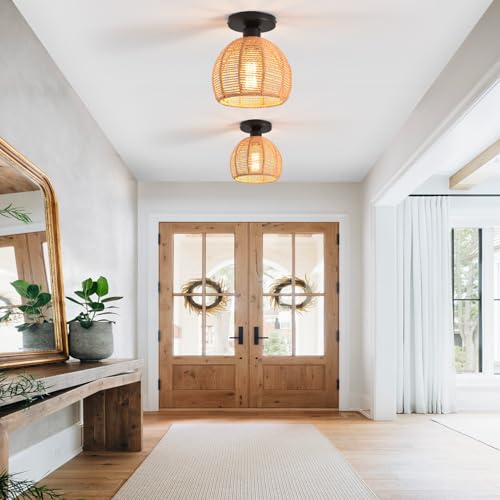 Hand-Woven Rattan Flush Mount Ceiling Light,Farmhouse Light Fixtures Ceiling Mount Boho for Hallway Bedroom Kitchen Entryway Living Room - color: 7.87 IN Rattan 1 Pack