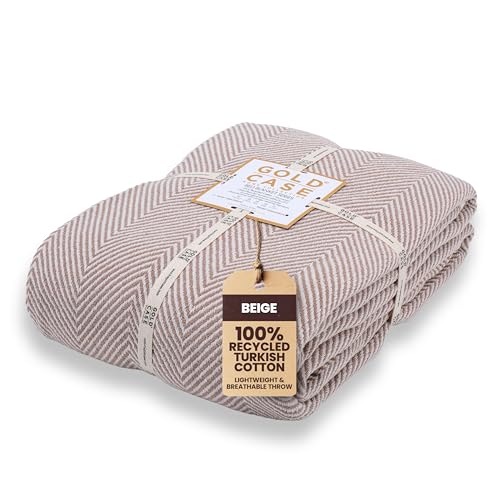 Gold Case Throw Blanket for Bed - 100% Recycled Turkish Cotton Blanket - Elegant Lightweight Soft Throw Blankets for Bed & Living Room - Twin Size Cozy Blankets - 71x90 - Beige - color: Elegant Beige, size: 71x90"