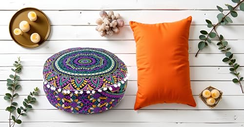 INDIAN CRAFT CASTLE ICC Floor Pillows & Cushion Covers Decorative Hippie Mandala Pouf Pillow Covers Seating Meditation Cushion Cover Large Boho Ottoman Case Pillowcase Couch New Pink, 16" Round - color: New Pink, size: 16"D x 16"W x 5"H