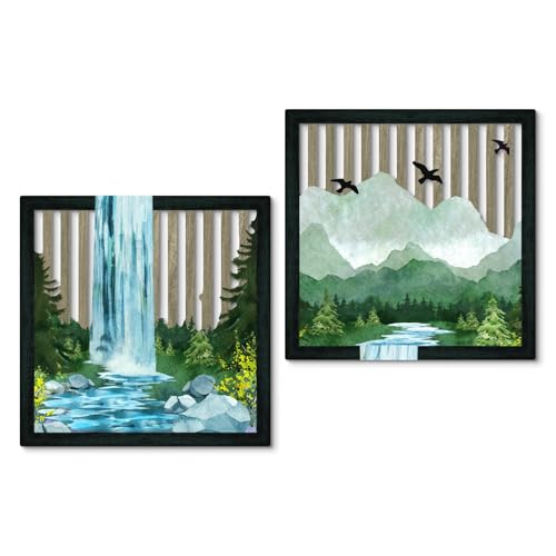 Putuo Decor Mountain Waterfall Wall Art Set of 2, Nature-Inspired Wooden Wall Art, Rustic Geometric Landscape Painting for Living Room, Bedroom, Bathroom, Boho Style Décor, 16 x 16 inches - color: Wooden Mountain Waterfall Art